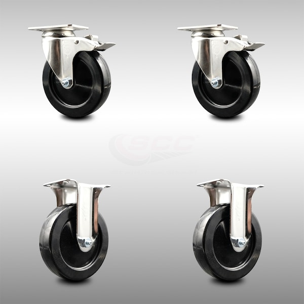 5 Inch 316SS Soft Rubber Wheel Swivel Top Plate Caster Lock Brake 2 Rigid, 2PK